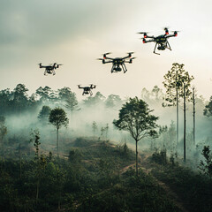 Fototapeta premium A drone swarm planting trees in a reforestation project.