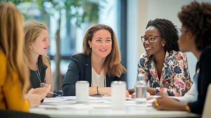 Fototapeta premium Group of business women engaged in a productive discussion. Colleagues working in a professional environment, part of a panel conference. The focus is on effective communication and networking skills.