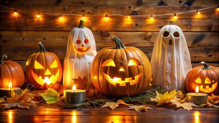 Fototapeta premium Spooky Halloween decorations featuring glowing jack-o'-lanterns and ghost figures , Halloween, decorations, pumpkin