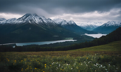 Fototapeta premium Dramatic sky hanging over majestic mountain range with turquoise lake