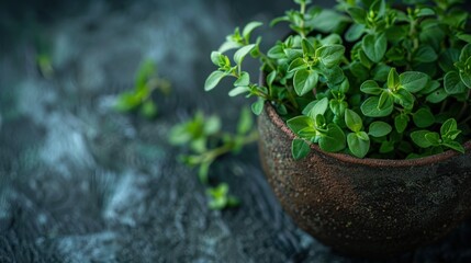 Lush Green Thyme Plants in Rustic Pot Against Soft Textured Background