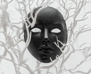 Black minimalist Halloween mask presented on a stark white background.