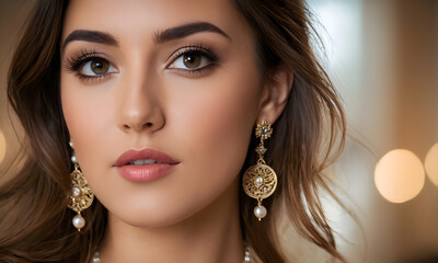 Beautiful elegant woman with long brown hair and perfect makeup is posing