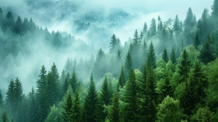 A Tranquil Misty Pine Forest Embracing the Mountains at Dawns Light