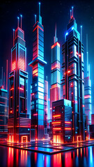 Obraz premium Neon Metropolis: A futuristic cityscape bathed in vibrant neon lights, reflecting a sense of urban dynamism and technological advancement. The towering skyscrapers, 
