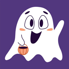 A cute ghost with a candy basket in her hands. Halloween. The ghost is waving. Vector illustration for design and web.