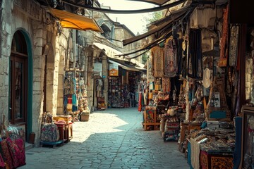 Obraz premium Narrow alley displaying traditional goods in a middle eastern souk