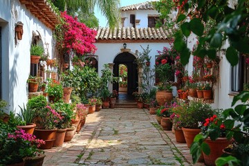 Naklejka premium Typical andalusian patio overflowing with flowers leading to a lighted entrance