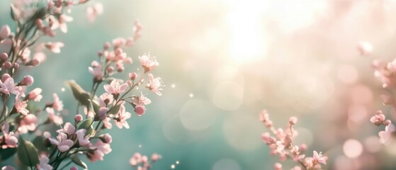 Fototapeta premium Vintage fantasy illustration with a soft palette of pale pinks and greens, crafting an ethereal spring atmosphere with gentle light and blossoms