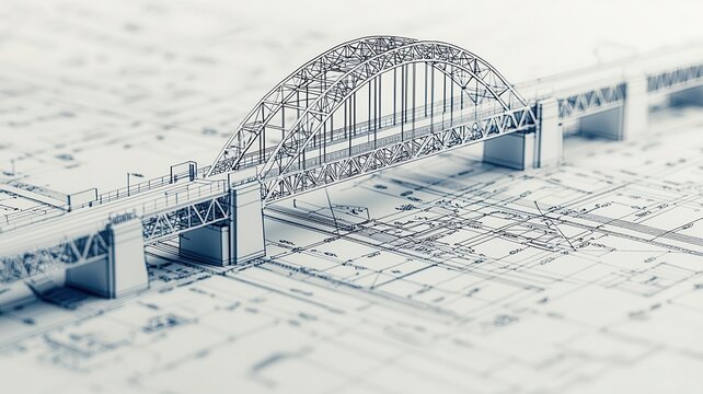 Blueprint of a bridge with intricate framework and clear line detailing, structural engineering focus
