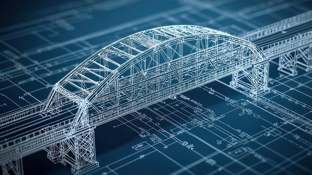 Blueprint of a bridge with intricate framework and clear line detailing, structural engineering focus