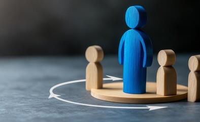 Wooden figures of people stand in an array around the blue figure