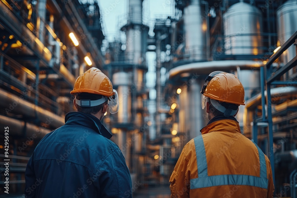 Poster industrial engineers wearing hard hats inspecting a pipeline system