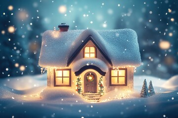 Naklejka premium Snow-covered cozy cottage in a magical winter night