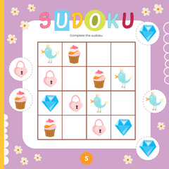 Unicorn Puzzle game for children. Fairy tale elements in Sudoku game. Vector illustration. Pretty pony Sudoku for kids activity book. Worksheet square format.