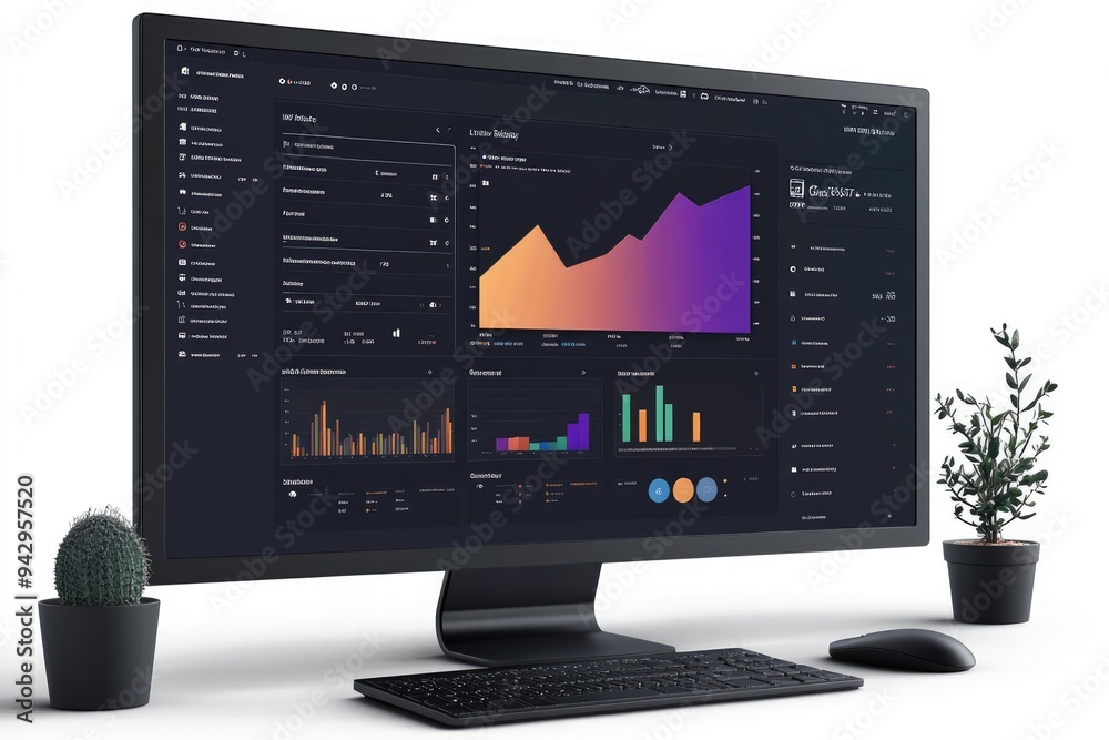 Poster Modern personal computer displaying business analytics software with charts and data on screen