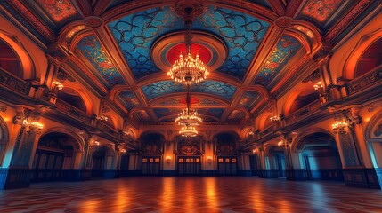 Obraz premium Majestic Ballroom with Intricate Ceiling, Elegant Chandeliers, and Warm Lighting with Vibrant Red and Blue Accents