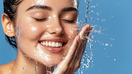 A joyful woman enjoys refreshing water on her face, showcasing a radiant smile against a vibrant blue background.