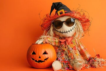 Elegant scarecrow with sunglasses and pumpkin, vibrant orange background setting.