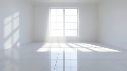 A large, empty room with a large window that lets in a lot of light. The room is very clean and bright, giving it a feeling of openness and spaciousness