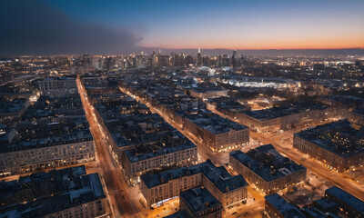 Obraz premium Aerial view of manhattan glowing at sunset with snow covered streets