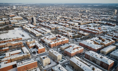 Aerial view of snow covered cityscape with buildings and streets