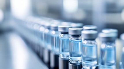 Detailed close-up of a high-end vaccine production line, in a sleek and sterile factory setting with bright, clean lighting
