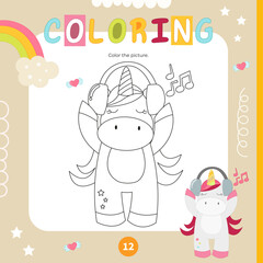 Coloring page for kids music unicorn. Preschool printable game for Activity book Unicorns. Vector illustration. Square format.