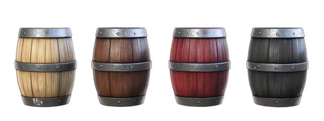 Collection of Colored Wooden Barrels on White Background