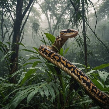 A beautifully patterned ball python coiled on a tree branch, set against a misty jungle morning.

