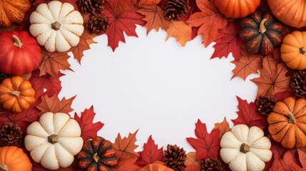 Autumn leaves and pumpkins, floral border with white center, flat design illustration