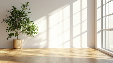 Sunlit Minimalist Interior with Potted Plant and Wooden Flooring in Modern Home