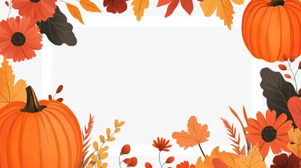 Autumn leaves and pumpkins, wildflowers framing white border, flat design illustration