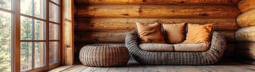 Obraz premium Cozy Rustic Log Cabin Interior with Wicker Furniture and Large Windows Overlooking Forest