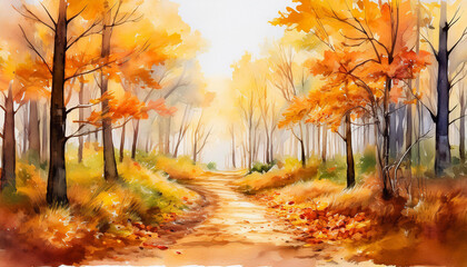 Watercolor painting of autumn forest with dirt trail and fallen leaves. Beautiful natural landscape.