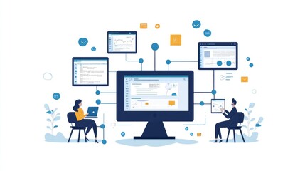 Two people working on laptops connected to a network.