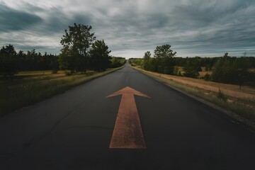 A photo of an asphalt road with a large direction arrow painted on the ground.