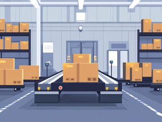 Automated warehouse with conveyor system and stacked boxes

