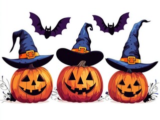 Bright and cheerful vector art of Halloween pumpkins in witch hats and bats, isolated on white.