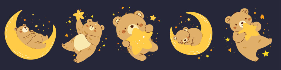 Set of flat vector illustrations in children's style. Cute bears sleeping on the moon and flying in space. Space and stars. Vector illustration