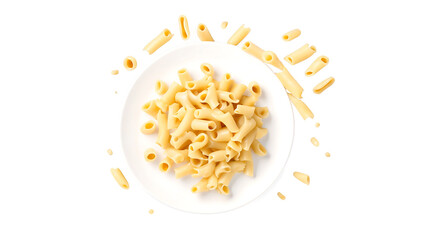 grated cheese on a plate png, Macaroni pasta meal served on a white plate isolated on a clean PNG background, delicious and visually appealing pasta dish with rich sauces and garnishes, ideal for culi