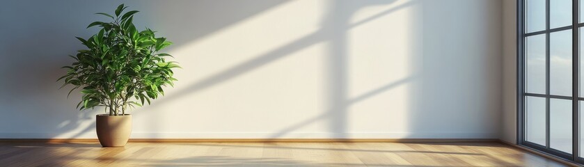 Fototapeta premium Sunlit Minimalist Room with Large Window and Potted Plant on Wooden Floor