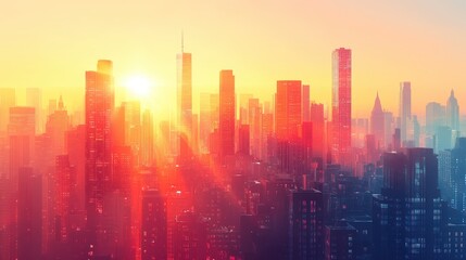 Fototapeta premium Sunset Over Modern City Skyline with Skyscrapers and Vibrant Colors
