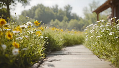 Obraz premium Wooden path leading through a field of wildflowers