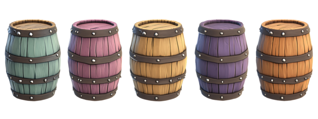 Collection of Colored Wooden Barrels on White Background