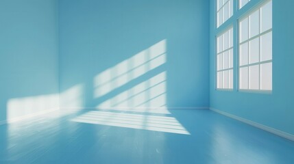 Fototapeta premium A room with a blue wall and white windows. The room is empty and has a very clean and bright appearance