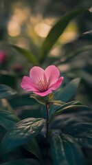 Obraz premium Single Delicate Pink Flower Blooming in Lush Green Foliage