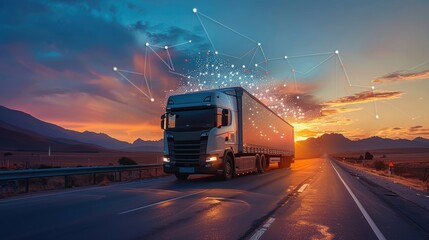A Majestic Cargo Truck Driving Through a Stunning Sunset Landscape Scene