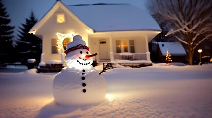 Low angle: A snowman in the front yard with soft bokeh lights from the house in the background, playful and joyful. - Powered by Adobe