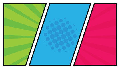 Colorful divided comic book background in pop art style. empty template with rays and dots. vector illustration